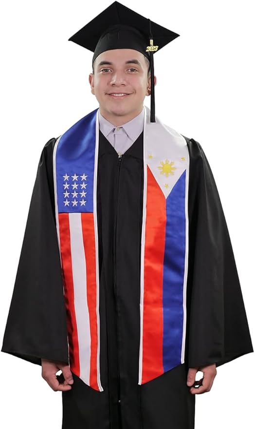 Estola de graduación con bandera bordada mixta de USA y Philippines