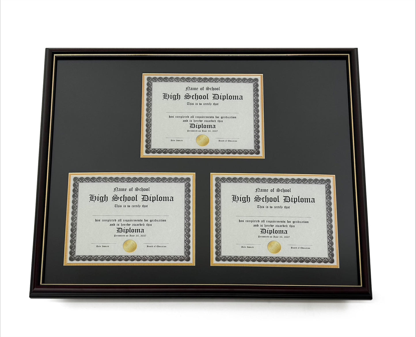 Marco triple para diploma de madera auténtica de cerezo con ribete dorado, compatible con certificados de 8,5" x 11"